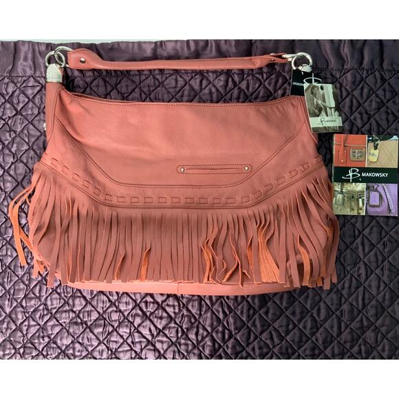 b. makowsky Handbags - B. Makowsky Coral Leather Fringe Hobo Shoulder Bag